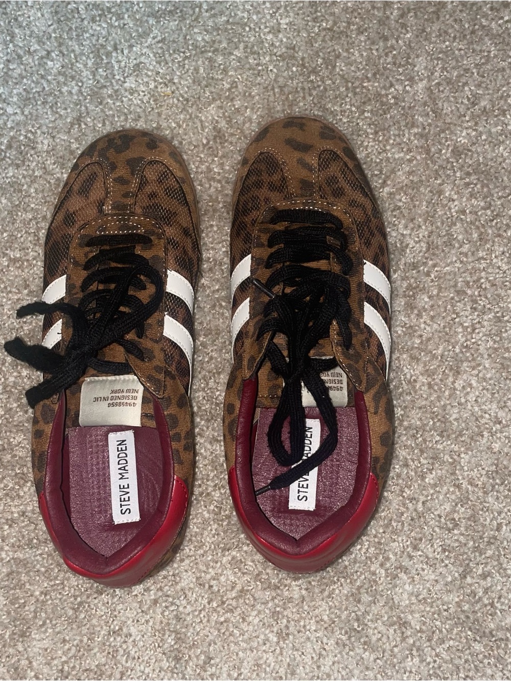 Steve Madden Brown Leopard Print Sneakers with White Stripes and Red Collar